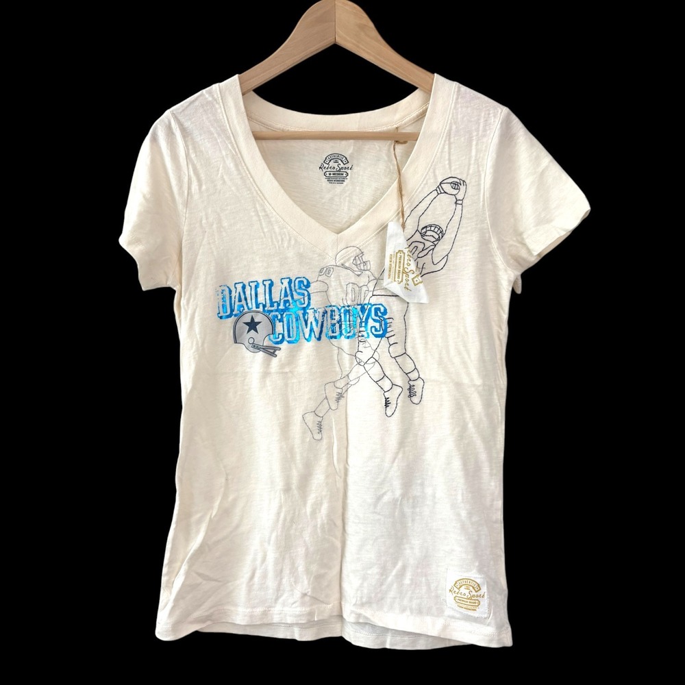Retro Sport Dallas Cowboys V-Neck T-Shirt Cream Blue Foil NFL Reebok Medium NWT